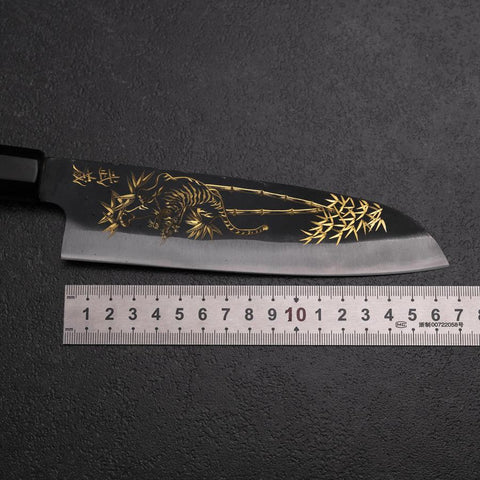 Santoku Blue Steel #2 Kurouchi Chokin Tiger-Bamboo Buffalo Ebony Handle 165mm (6.5”)-[Musashi]-[Japanese-Kitchen-Knives]