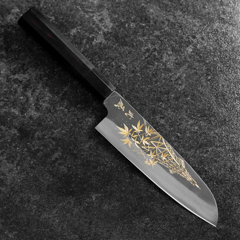Santoku Blue Steel #2 Kurouchi Chokin Tokyo Tower & Maple Leaves Buffalo Ebony Handle 165mm (6.5")-[Musashi]-[Japanese-Kitchen-Knives]