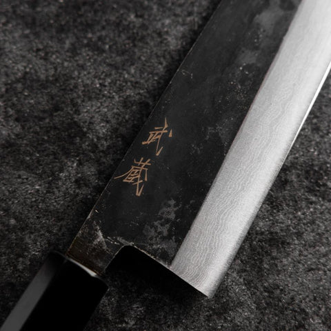 Santoku Blue Steel #2 Kurouchi Damascus Buffalo Walnut Handle 165mm (6.5”)-[Musashi]-[Japanese-Kitchen-Knives]