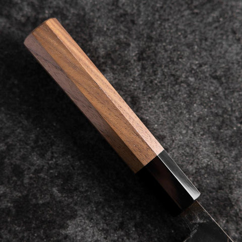 Santoku Blue Steel #2 Kurouchi Damascus Buffalo Walnut Handle 165mm (6.5”)-[Musashi]-[Japanese-Kitchen-Knives]