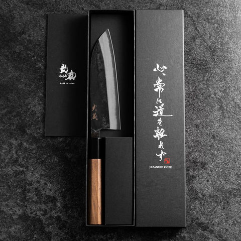 Santoku Blue Steel #2 Kurouchi Damascus Buffalo Walnut Handle 165mm (6.5”)-[Musashi]-[Japanese-Kitchen-Knives]