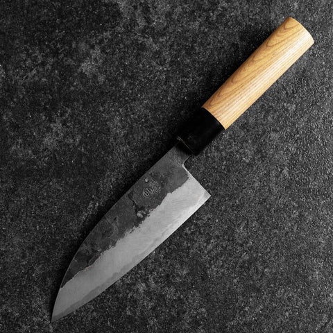 Santoku Blue Steel #2 Kurouchi Zelkova Round Handle 150mm (5.9”)-[Musashi]-[Japanese-Kitchen-Knives]