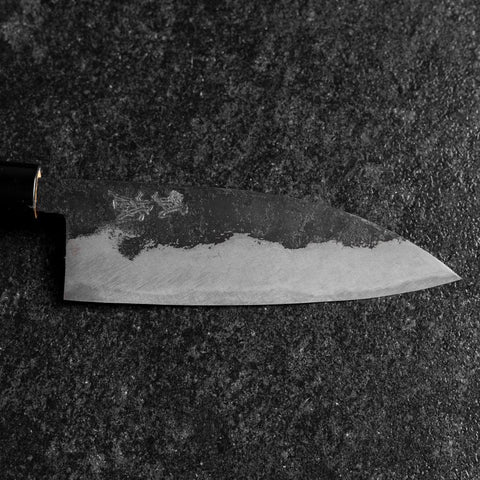 Santoku Blue Steel #2 Kurouchi Zelkova Round Handle 150mm (5.9”)-[Musashi]-[Japanese-Kitchen-Knives]