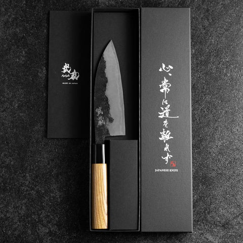 Santoku Blue Steel #2 Kurouchi Zelkova Round Handle 150mm (5.9”)-[Musashi]-[Japanese-Kitchen-Knives]