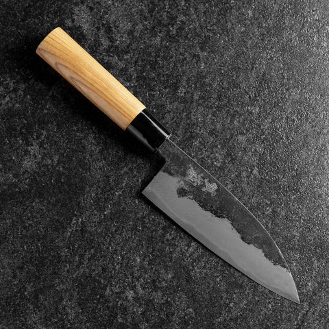 Santoku Blue Steel #2 Kurouchi Zelkova Round Handle 150mm (5.9”)-[Musashi]-[Japanese-Kitchen-Knives]