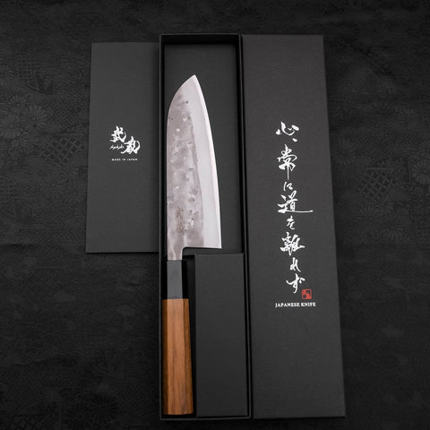 Santoku Blue Steel #2 Nashiji Stainless Clad Buffalo Teak Handle 165mm (6.5”)-[Musashi]-[Japanese-Kitchen-Knives]