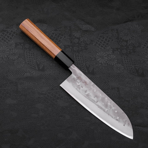 Santoku Blue Steel #2 Nashiji Stainless Clad Buffalo Teak Handle 165mm (6.5”)-[Musashi]-[Japanese-Kitchen-Knives]