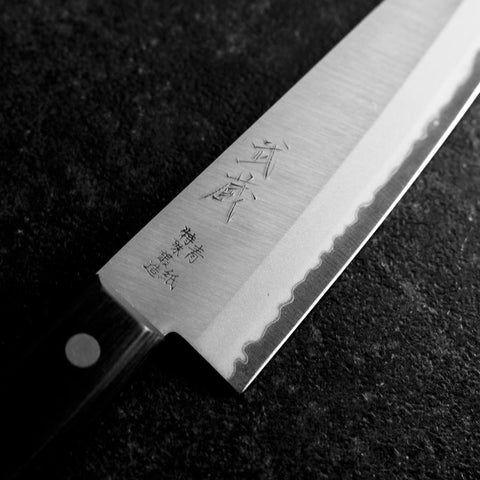 Santoku Blue Steel #2 Polished Western Black Handle 145mm (Tsuba-nashi) (5.7”)-[Musashi]-[Japanese-Kitchen-Knives]