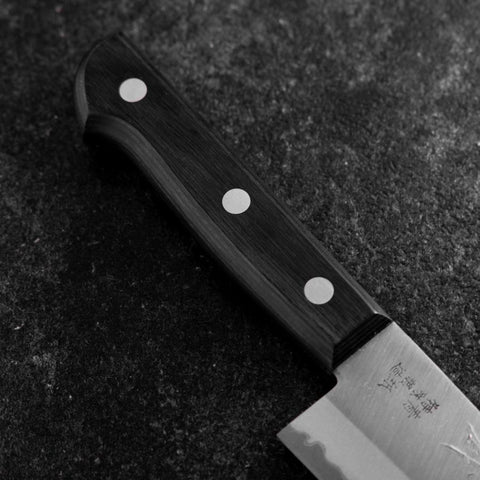 Santoku Blue Steel #2 Polished Western Black Handle 145mm (Tsuba-nashi) (5.7”)-[Musashi]-[Japanese-Kitchen-Knives]