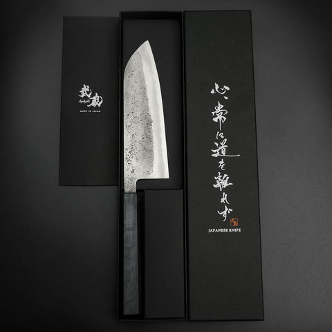 Santoku Blue Steel #2 Stainless Clad Nashiji Dark Blue Urushi Handle 165mm (6.5”)-[Musashi]-[Japanese-Kitchen-Knives]
