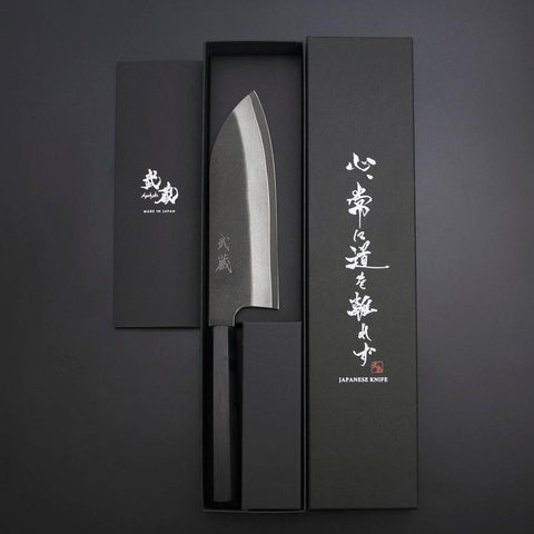 Santoku Cobalt Stainless HRC62 Kurouchi Damascus Buffalo Ebony Handle 165mm (6.5”)-[Musashi]-[Japanese-Kitchen-Knives]
