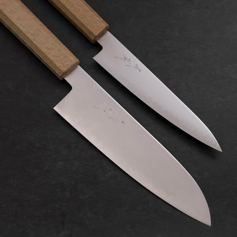 Santoku & Petty Chromax Polished White Urushi Handle Sakura Set-[Musashi]-[Japanese-Kitchen-Knives]