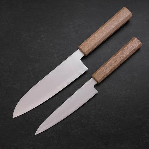 Santoku & Petty Chromax Polished White Urushi Handle Sakura Set-[Musashi]-[Japanese-Kitchen-Knives]