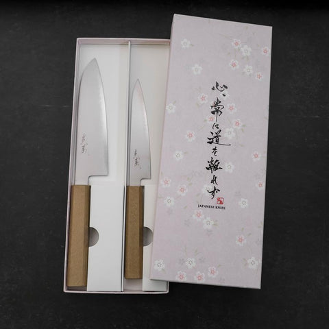 Santoku & Petty Chromax Polished White Urushi Handle Sakura Set-[Musashi]-[Japanese-Kitchen-Knives]