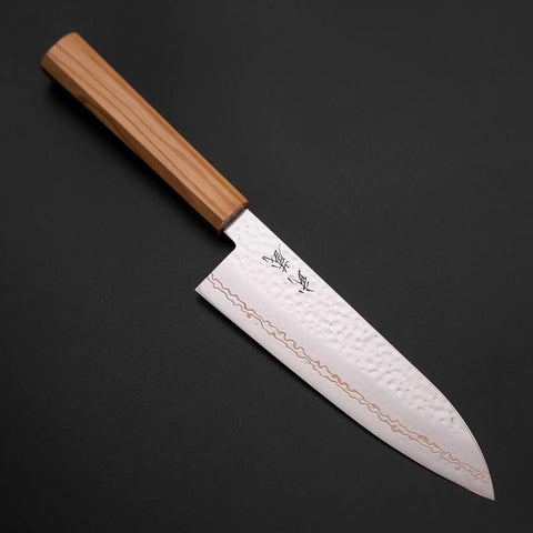 Santoku SLD Nickel Tsuchime Colored Damascus Olive Handle 170mm Limited Edition (6.7”)-[Musashi]-[Japanese-Kitchen-Knives]