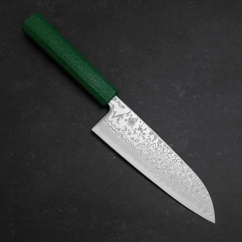 Santoku SLD Wave Nickel Damascus Green Urushi Handle 165mm (6.5”)-[Musashi]-[Japanese-Kitchen-Knives]
