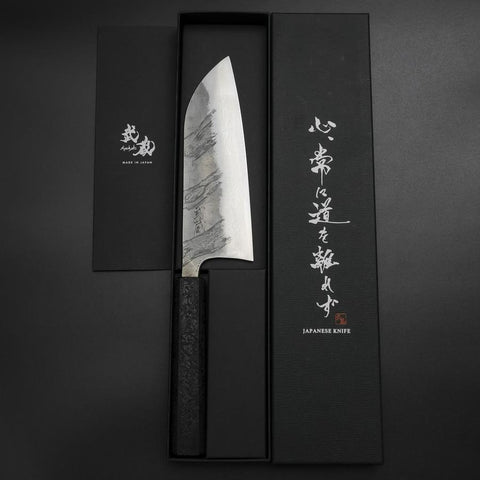 Santoku Silver Steel #3 Nashiji Damascus Black Ishime Urushi Handle 165mm (6.5”)-[Musashi]-[Japanese-Kitchen-Knives]