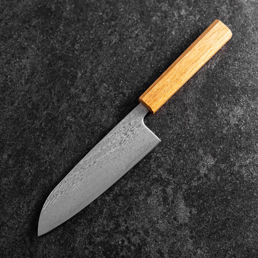 Santoku Silver Steel #3 Nawame Damascus Oak Handle 165mm (6.5”)-[Musashi]-[Japanese-Kitchen-Knives]