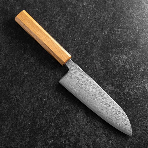 Santoku Silver Steel #3 Nawame Damascus Oak Handle 165mm (6.5”)-[Musashi]-[Japanese-Kitchen-Knives]