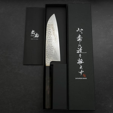 Santoku Silver Steel #3 Tsuchime Damascus Buffalo Ebony Handle 170mm (6.7”)-[Musashi]-[Japanese-Kitchen-Knives]
