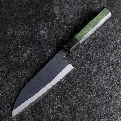 Santoku Stainless Clad Blue Steel #2 Kurouchi Green Urushi Handle 165mm (6.5”)-[Musashi]-[Japanese-Kitchen-Knives]