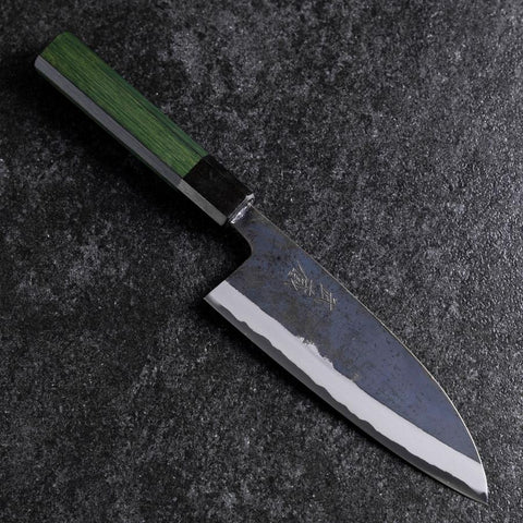 Santoku Stainless Clad Blue Steel #2 Kurouchi Green Urushi Handle 165mm (6.5”)-[Musashi]-[Japanese-Kitchen-Knives]
