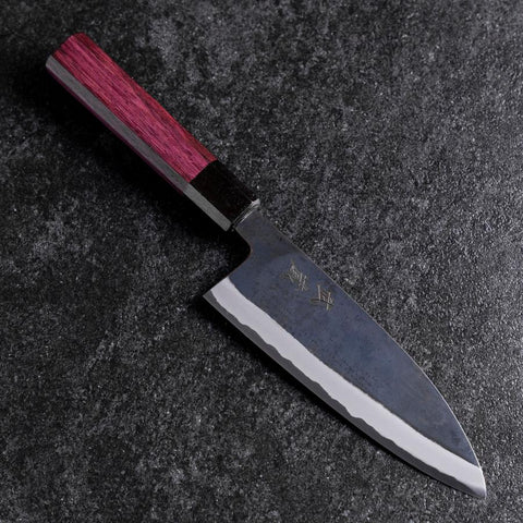 Santoku Stainless Clad Blue Steel #2 Kurouchi Purple Urushi Handle 165mm (6.5”)-[Musashi]-[Japanese-Kitchen-Knives]
