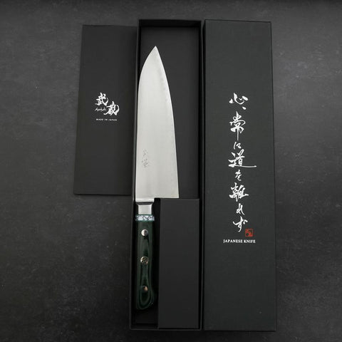 Santoku Stainless Clad Blue Steel #2 Polished Green Micarta Turqoise Handle 180mm (7”)-[Musashi]-[Japanese-Kitchen-Knives]