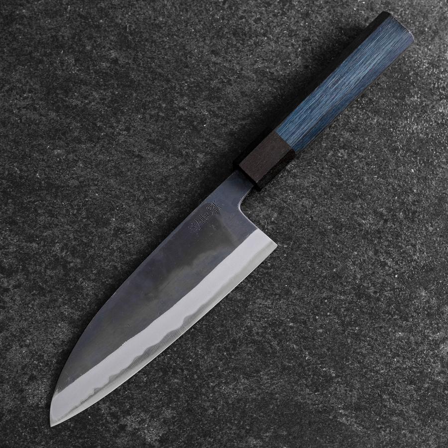 Santoku Stainless Clad Blue Super Kurouchi Blue Urushi Handle 165mm (6.5”)-[Musashi]-[Japanese-Kitchen-Knives]