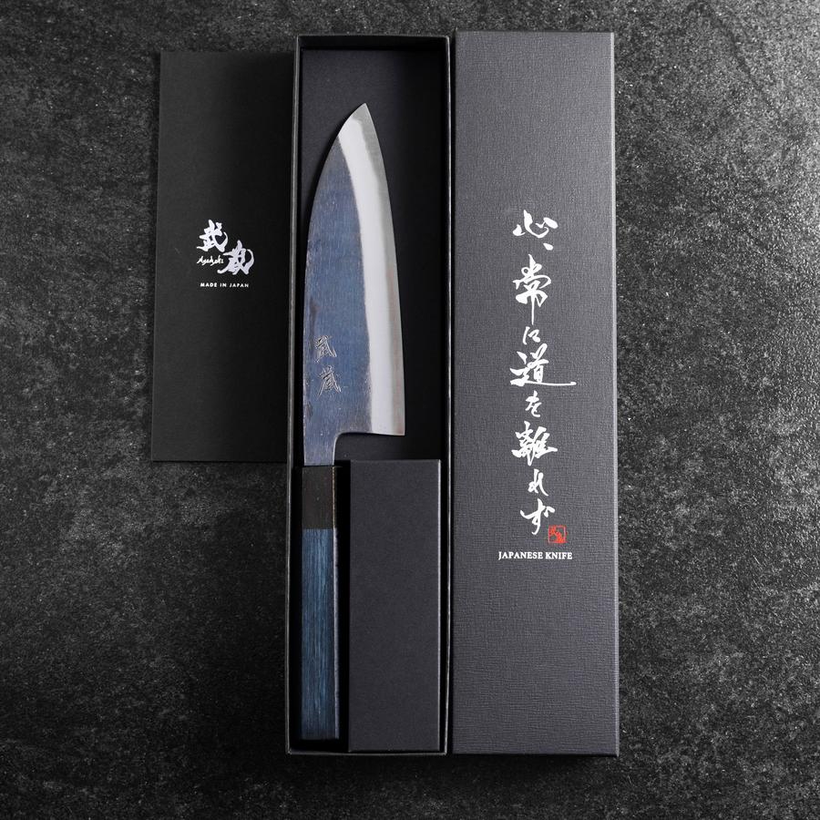 Santoku Stainless Clad Blue Super Kurouchi Blue Urushi Handle 165mm (6.5”)-[Musashi]-[Japanese-Kitchen-Knives]