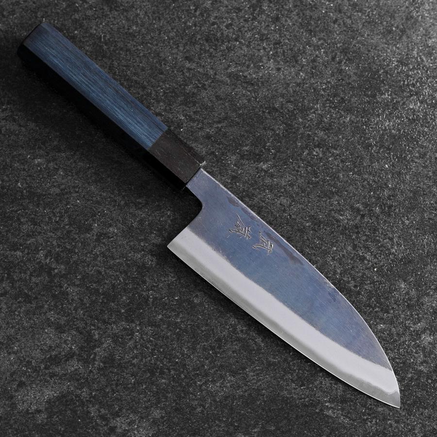 Santoku Stainless Clad Blue Super Kurouchi Blue Urushi Handle 165mm (6.5”)-[Musashi]-[Japanese-Kitchen-Knives]