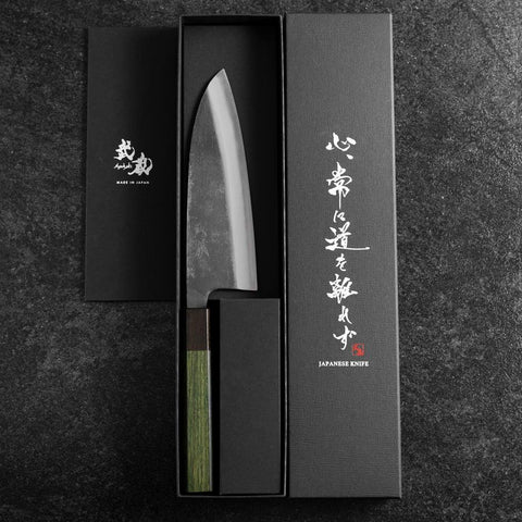 Santoku Stainless Clad Blue Super Kurouchi Green Urushi Handle 165mm (6.5”)-[Musashi]-[Japanese-Kitchen-Knives]