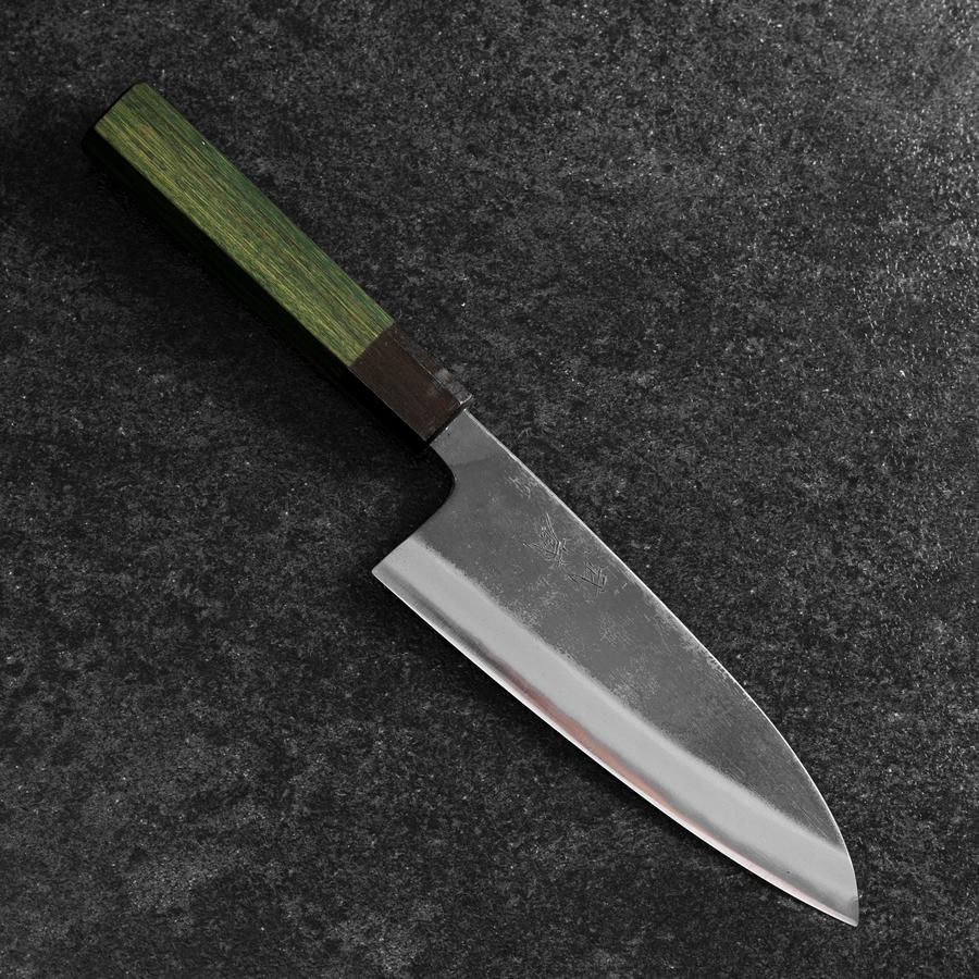 Santoku Stainless Clad Blue Super Kurouchi Green Urushi Handle 165mm (6.5”)-[Musashi]-[Japanese-Kitchen-Knives]