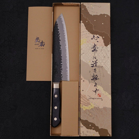 Santoku Stainless Clad Blue Super Kurouchi Tsuchime Western Handle Black 180mm (7”)-[Musashi]-[Japanese-Kitchen-Knives]
