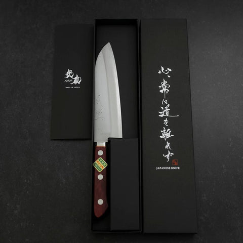 Santoku Stainless Clad Blue Super Polished Western Black Red Handle 165mm (6.5”)-[Musashi]-[Japanese-Kitchen-Knives]