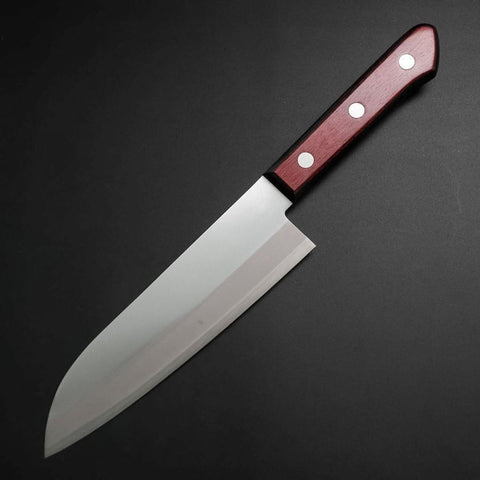 Santoku Stainless Clad Blue Super Polished Western Black Red Handle 165mm (Tsuba-nashi) (6.5”)-[Musashi]-[Japanese-Kitchen-Knives]