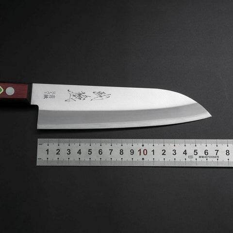 Santoku Stainless Clad Blue Super Polished Western Black Red Handle 165mm (Tsuba-nashi) (6.5”)-[Musashi]-[Japanese-Kitchen-Knives]