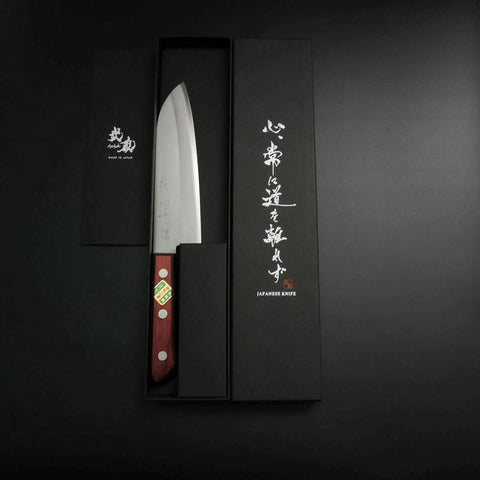 Santoku Stainless Clad Blue Super Polished Western Black Red Handle 165mm (Tsuba-nashi) (6.5”)-[Musashi]-[Japanese-Kitchen-Knives]