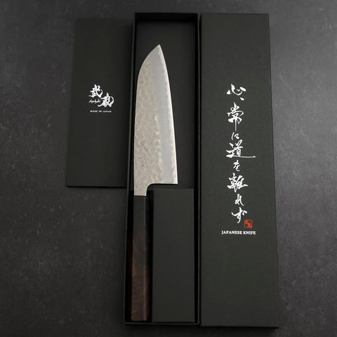 Santoku Stainless Clad Blue Super Tsuchime Buffalo Ebony Handle 165mm (6.5”)-[Musashi]-[Japanese-Kitchen-Knives]