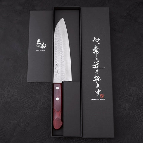 Santoku VG-10 Tsuchime Damascus Western Red Handle 180mm (7”)-[Musashi]-[Japanese-Kitchen-Knives]