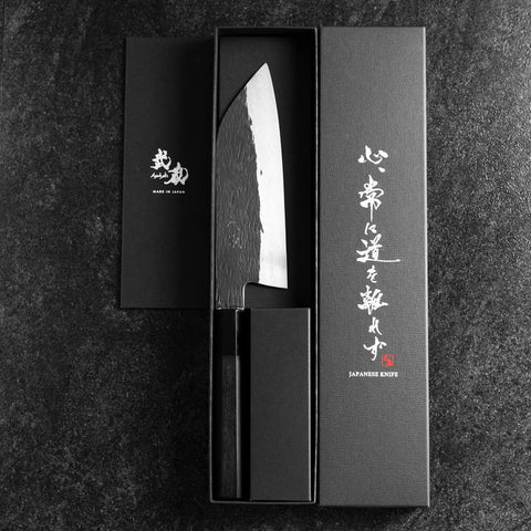 Santoku White Steel #1 Kurouchi Tsuchime Buffalo Ebony Handle 170mm (6.7”)-[Musashi]-[Japanese-Kitchen-Knives]