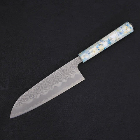 Santoku White Steel #1 Stainless Clad Tsuchime Ocean White Mix Handle 165mm (6.5”)-[Musashi]-[Japanese-Kitchen-Knives]
