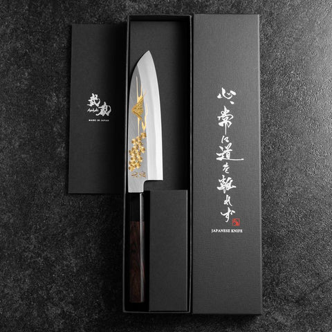 Santoku White Steel #2 Kasumi Single Bevel Chokin Sakura-Fuji Buffalo Ebony Handle 155mm (6.1”)-[Musashi]-[Japanese-Kitchen-Knives]