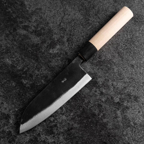 Santoku White Steel #2 Kurouchi Buffalo Magnolia Round Handle 165mm (6.5”)-[Musashi]-[Japanese-Kitchen-Knives]