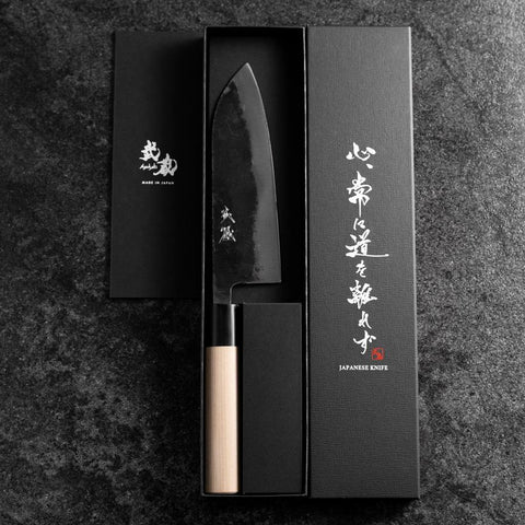 Santoku White Steel #2 Kurouchi Buffalo Magnolia Round Handle 165mm (6.5”)-[Musashi]-[Japanese-Kitchen-Knives]
