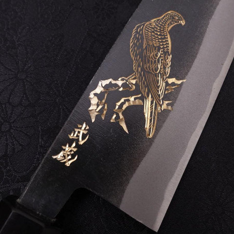Santoku White Steel #2 Kurouchi Chokin Eagle Buffalo Ebony Handle 170mm (6.7”)-[Musashi]-[Japanese-Kitchen-Knives]