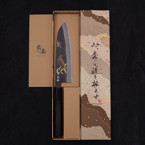 Santoku White Steel #2 Kurouchi Chokin Eagle Buffalo Ebony Handle 170mm (6.7”)-[Musashi]-[Japanese-Kitchen-Knives]