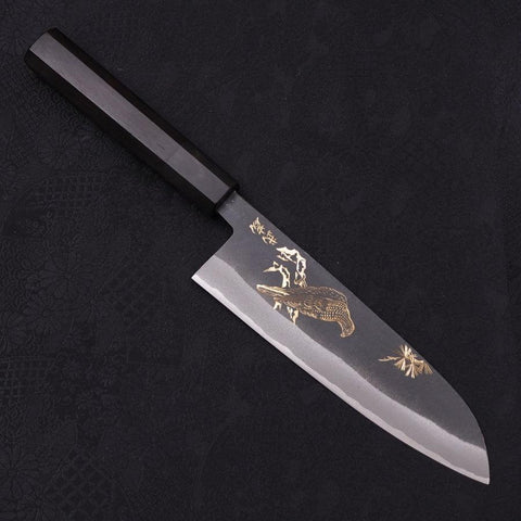 Santoku White Steel #2 Kurouchi Chokin Eagle Buffalo Ebony Handle 170mm (6.7”)-[Musashi]-[Japanese-Kitchen-Knives]