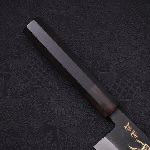 Santoku White Steel #2 Kurouchi Chokin Samurai Full Moon Buffalo Ebony Handle 170mm (6.7”)-[Musashi]-[Japanese-Kitchen-Knives]
