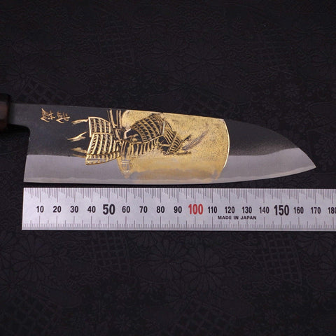 Santoku White Steel #2 Kurouchi Chokin Samurai Full Moon Buffalo Ebony Handle 170mm (6.7”)-[Musashi]-[Japanese-Kitchen-Knives]